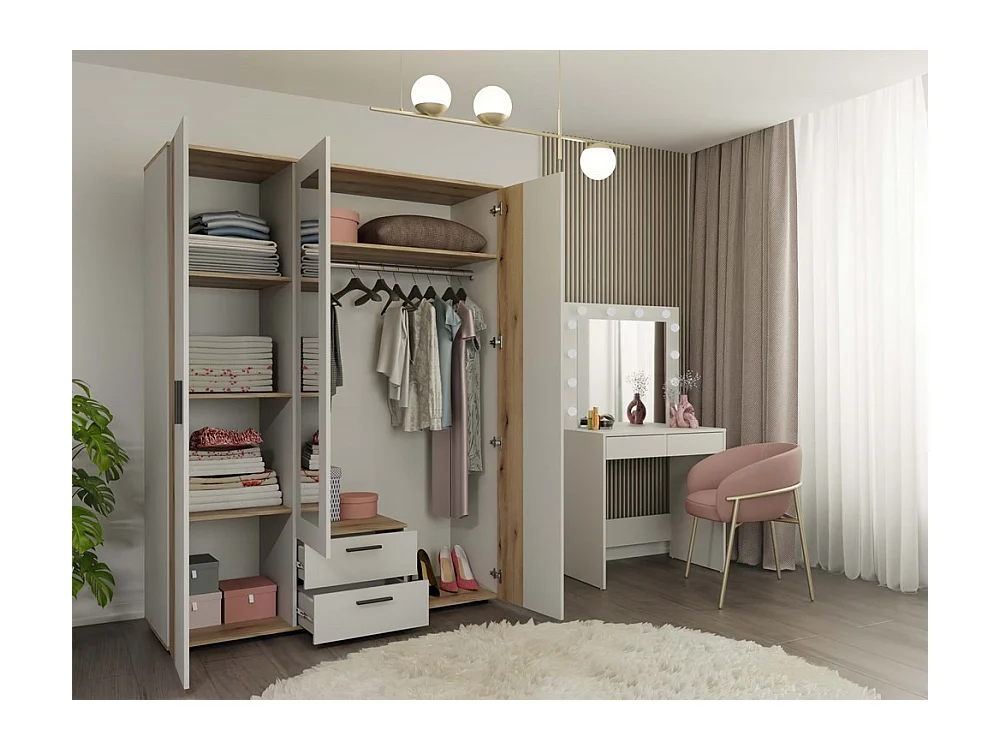 AVA - Armoire 150 cm avec miroir, 2 tiroirs et façade striée en chêne & beige cachemire