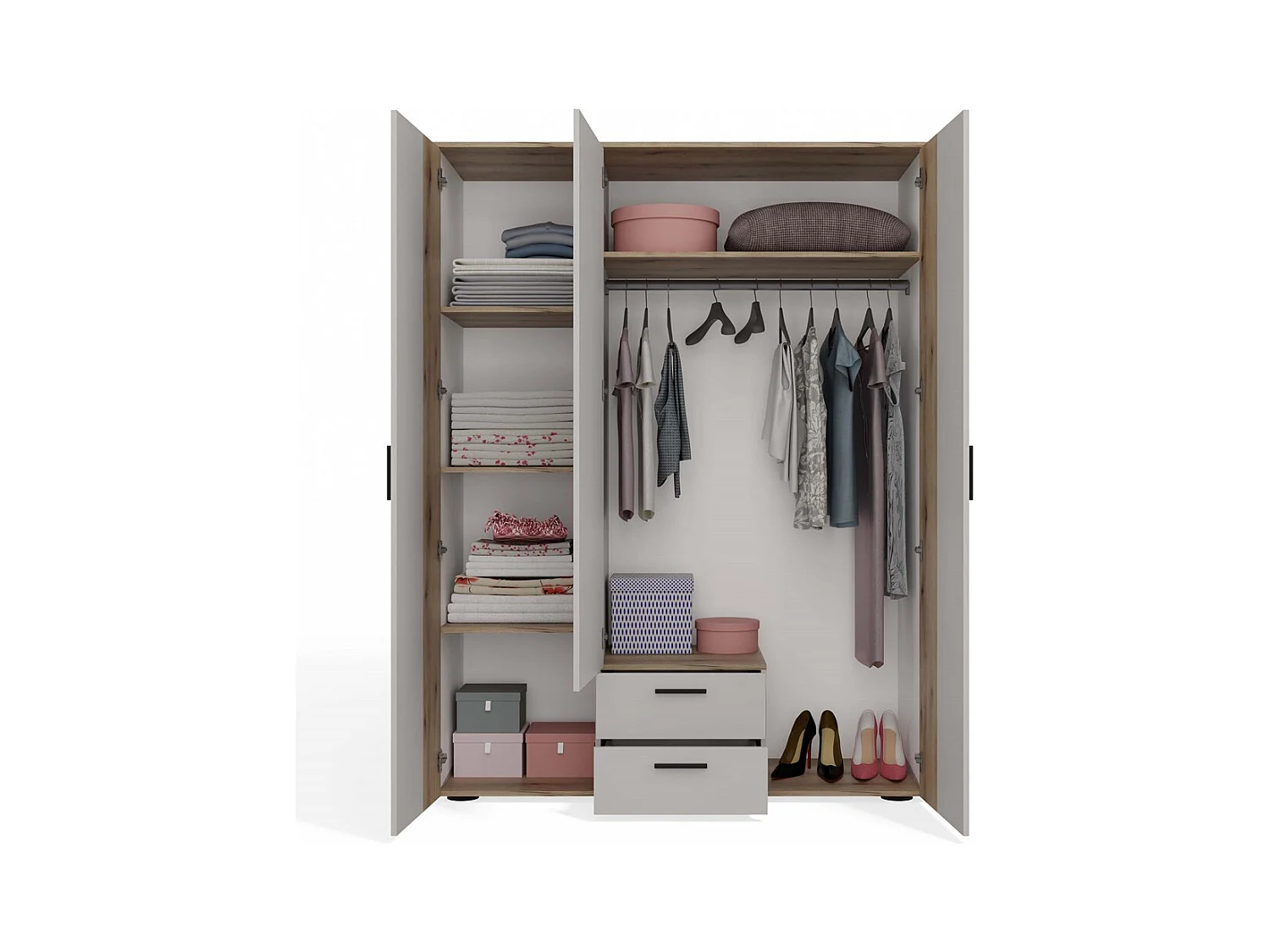 AVA - Armoire 150 cm avec miroir, 2 tiroirs et façade striée en chêne & beige cachemire
