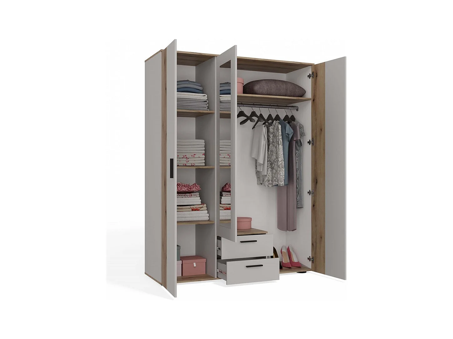 AVA - Armoire 150 cm avec miroir, 2 tiroirs et façade striée en chêne & beige cachemire
