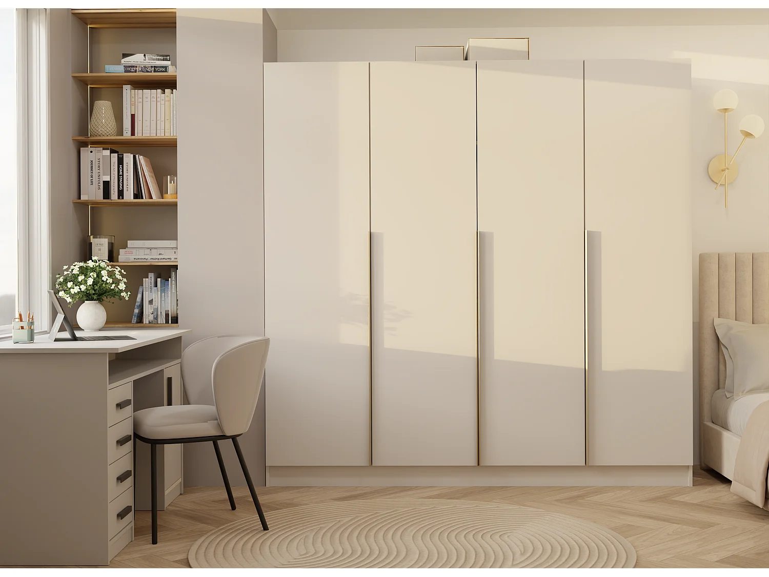 SENSO - Armoire – Beige cachemire – 4 portes – 200×200 cm – Poignées dorées – Chambre