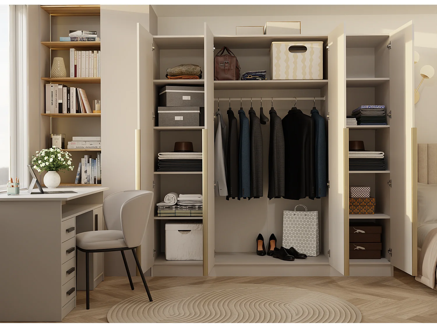 SENSO - Armoire – Beige cachemire – 4 portes – 200×200 cm – Poignées dorées – Chambre