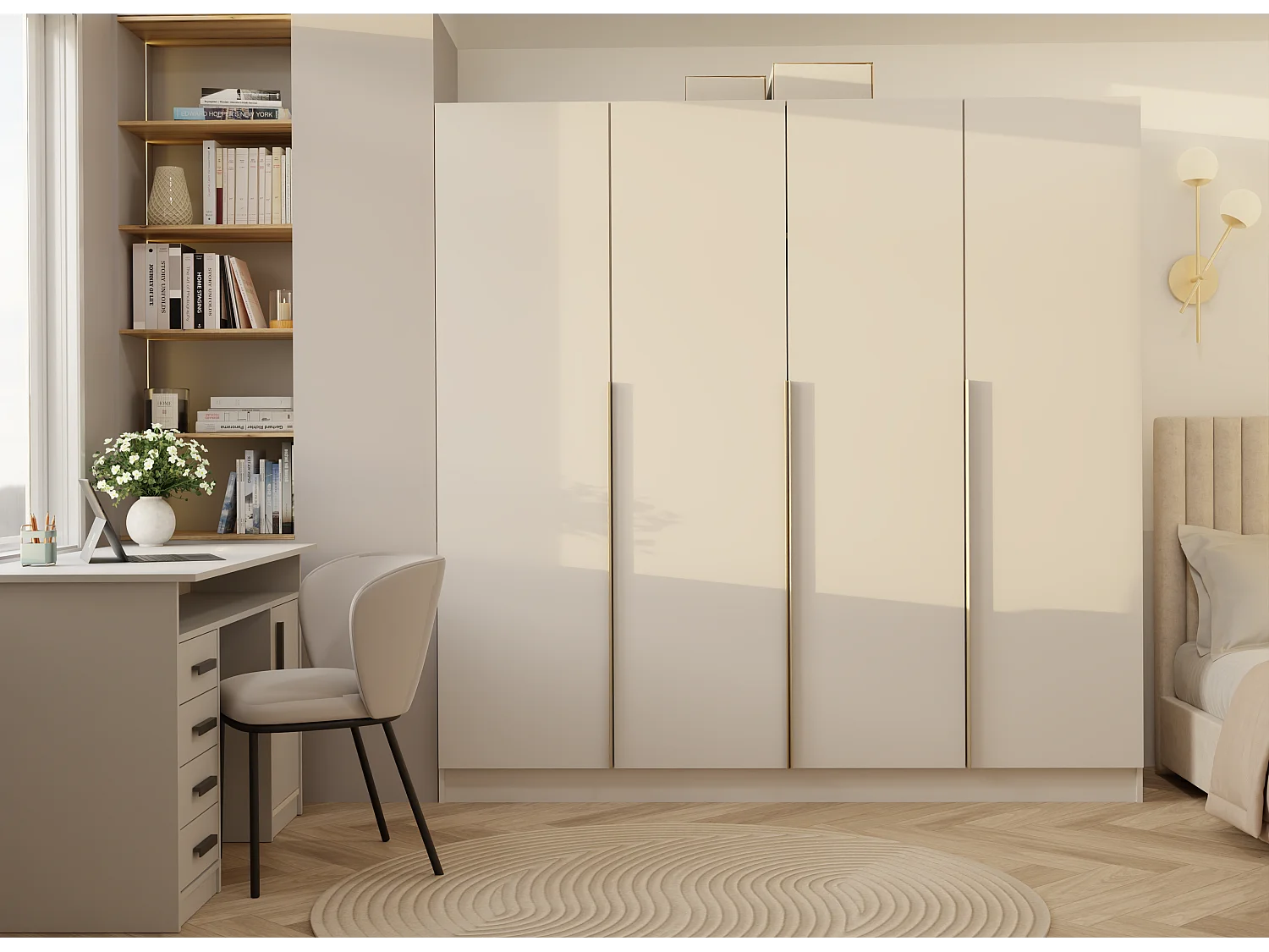 SENSO - Armadio beige cachemire – 4 ante – 200×200 cm – Maniglie dorate – Camera da letto