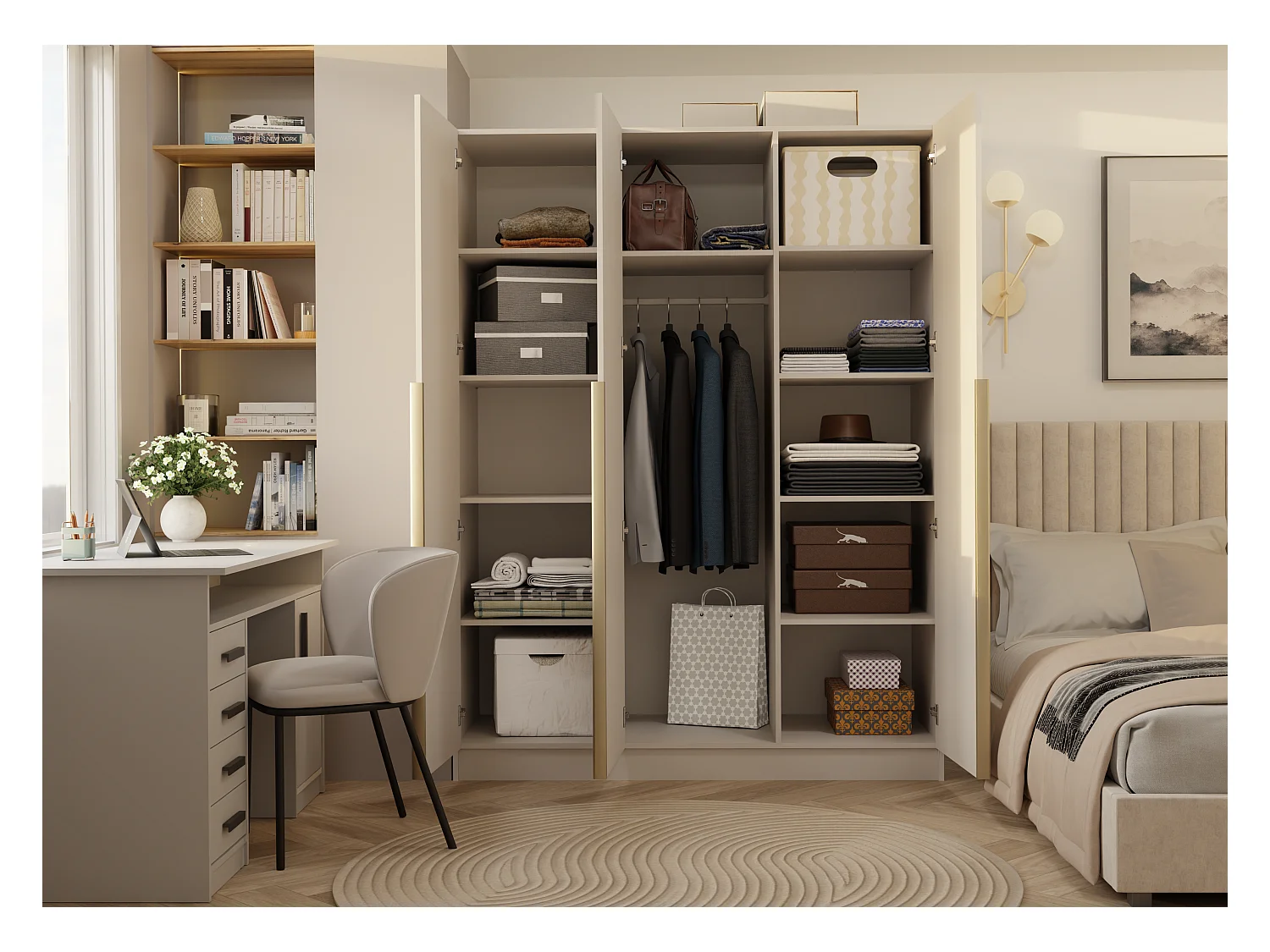 SENSO - Armoire beige cachemire – 3 portes – 150 cm – Poignées dorées – Pour chambre/pièce
