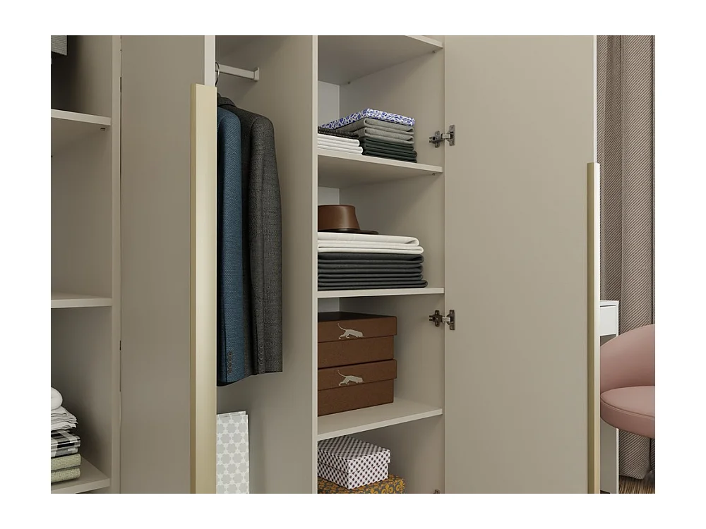 SENSO - Armoire beige cachemire – 3 portes – 150 cm – Poignées dorées – Pour chambre/pièce