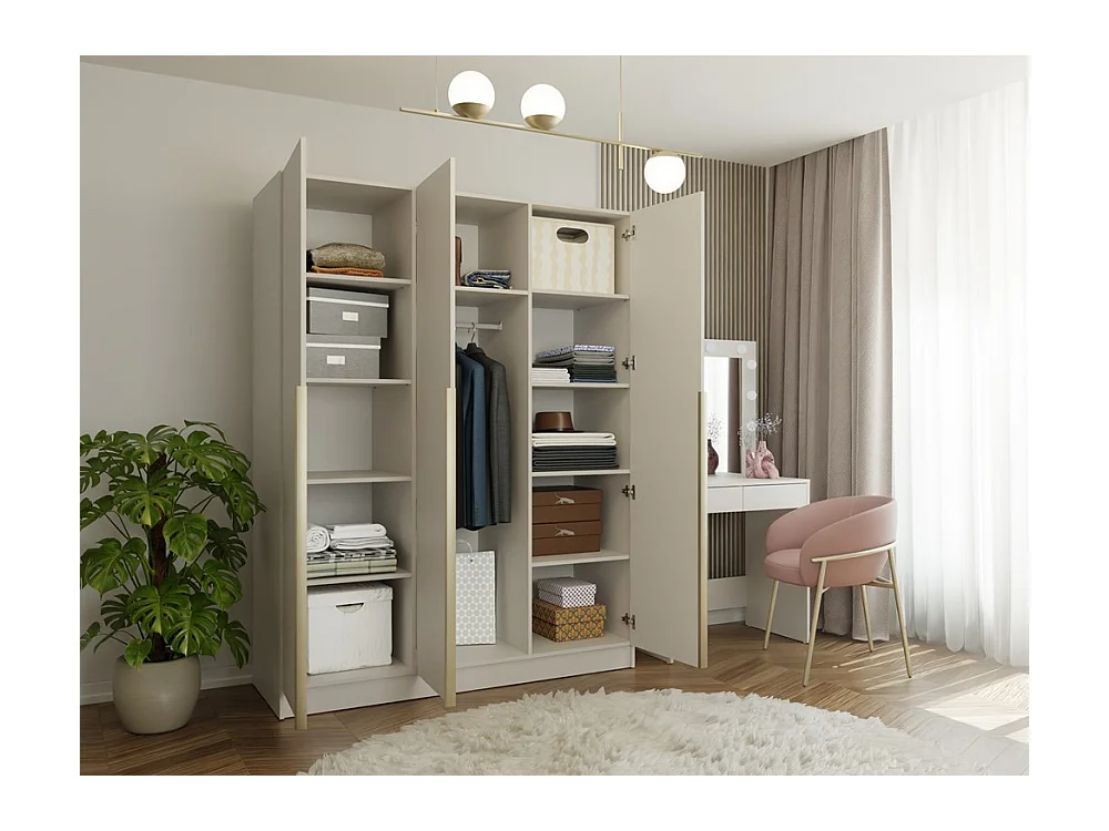 SENSO - Armoire beige cachemire – 3 portes – 150 cm – Poignées dorées – Pour chambre/pièce