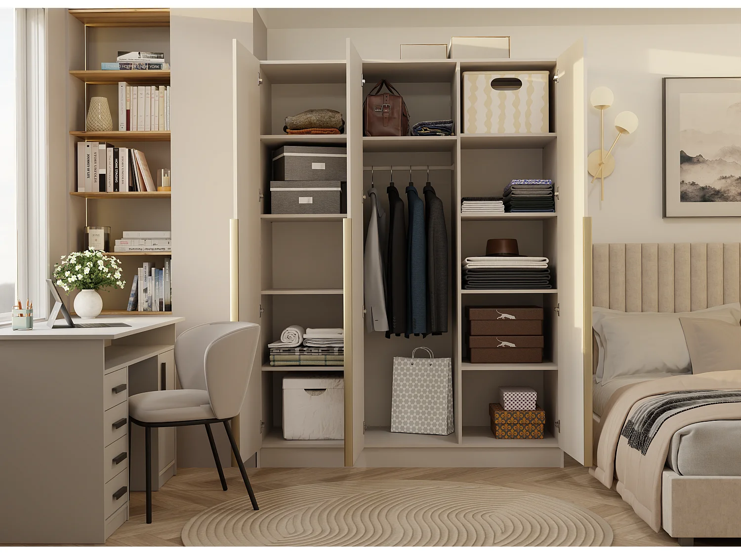 SENSO - Armoire beige cachemire – 3 portes – 150 cm – Poignées dorées – Pour chambre/pièce