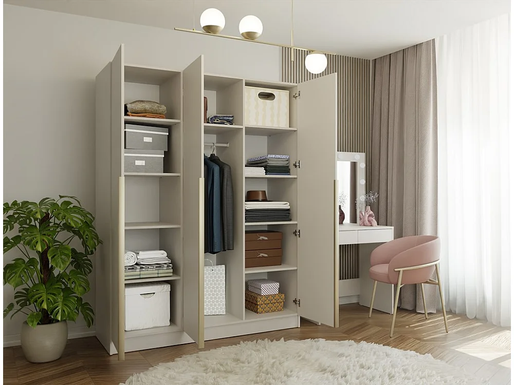 SENSO - Armoire beige cachemire – 3 portes – 150 cm – Poignées dorées – Pour chambre/pièce