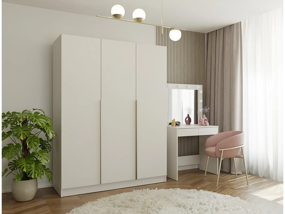 SENSO - Armoire beige cachemire – 3 portes – 150 cm – Poignées dorées – Pour chambre/pièce