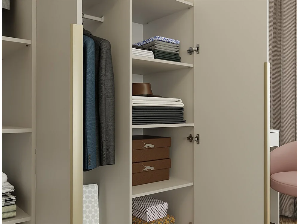 SENSO - Armoire beige cachemire – 3 portes – 150 cm – Poignées dorées – Pour chambre/pièce