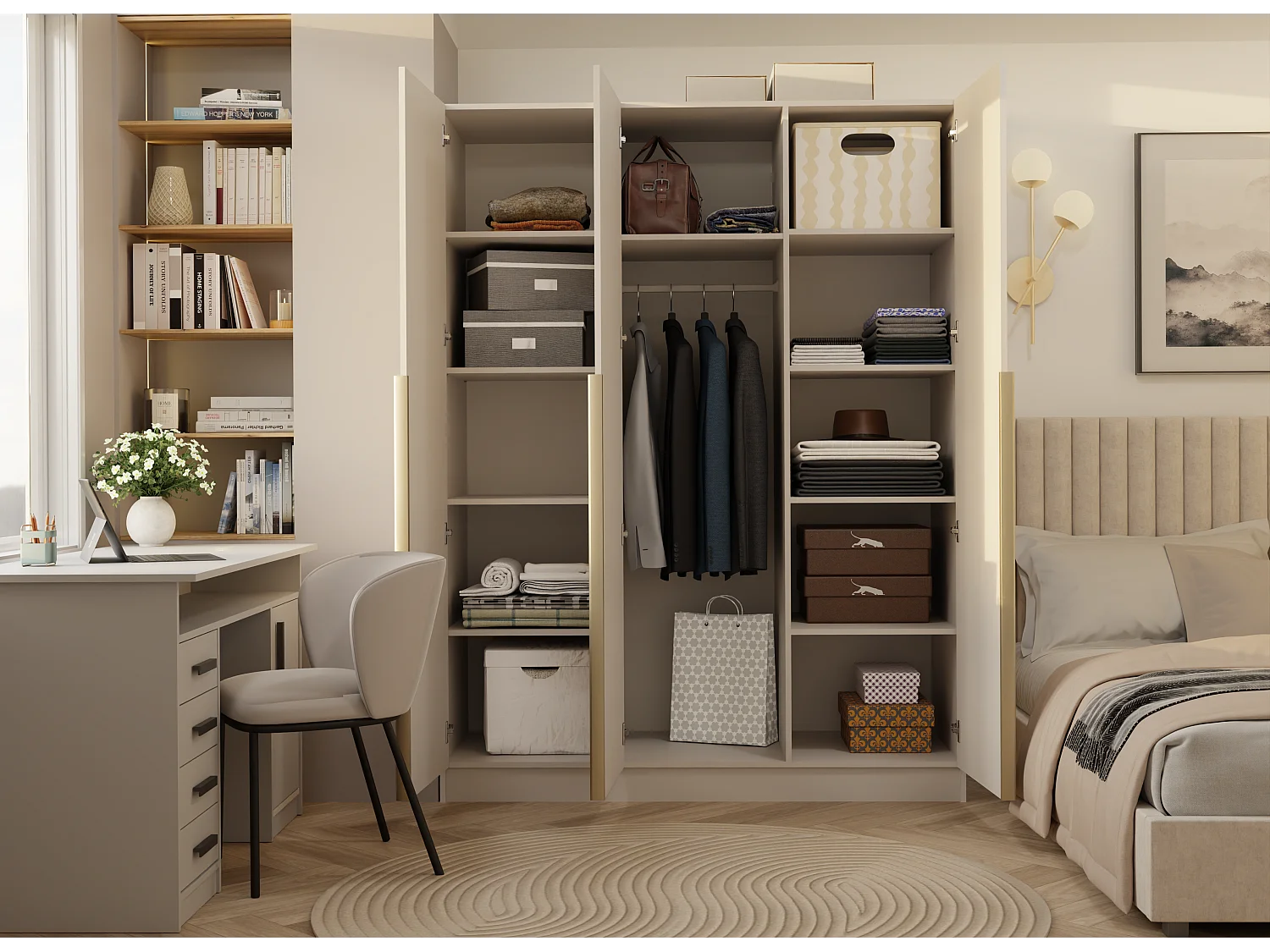 SENSO - Armoire beige cachemire – 3 portes – 150 cm – Poignées dorées – Pour chambre/pièce