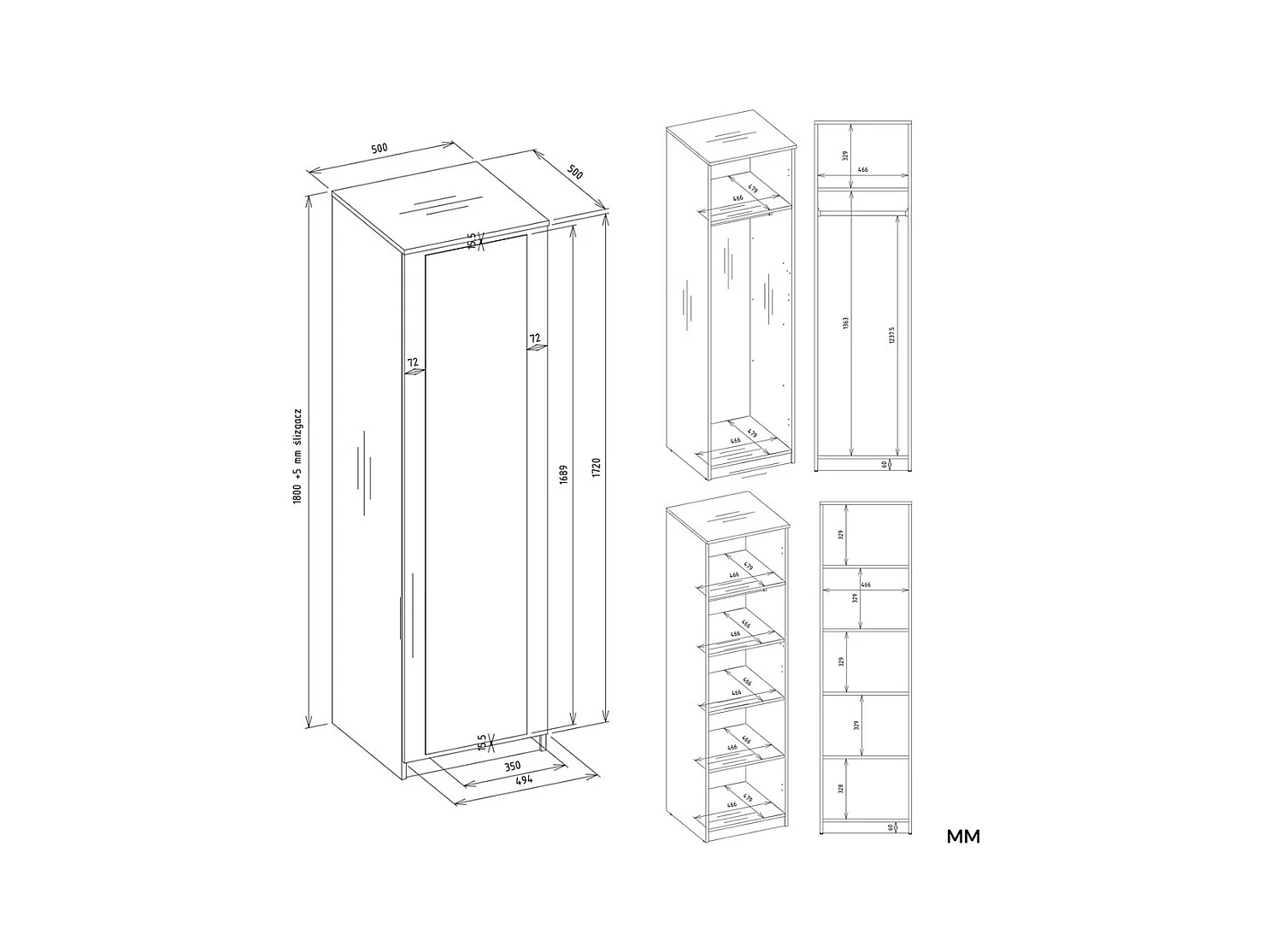 ESME - Armoire simple avec miroir chambre à coucher - 50x50x180 - 1 porte - Dressing