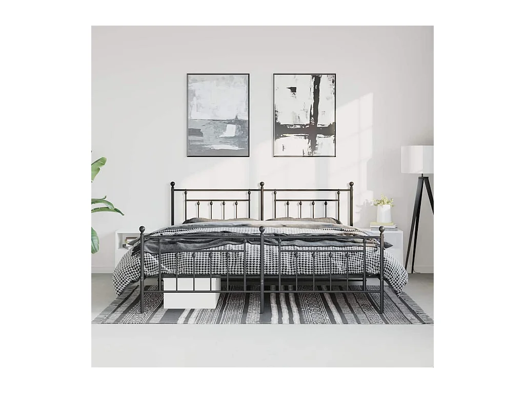 Cadre de lit métal sans matelas avec pied de lit noir 183x213cm