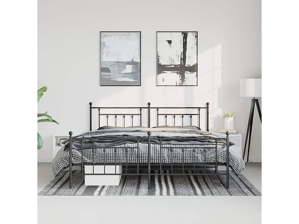 Cadre de lit métal sans matelas avec pied de lit noir 183x213cm