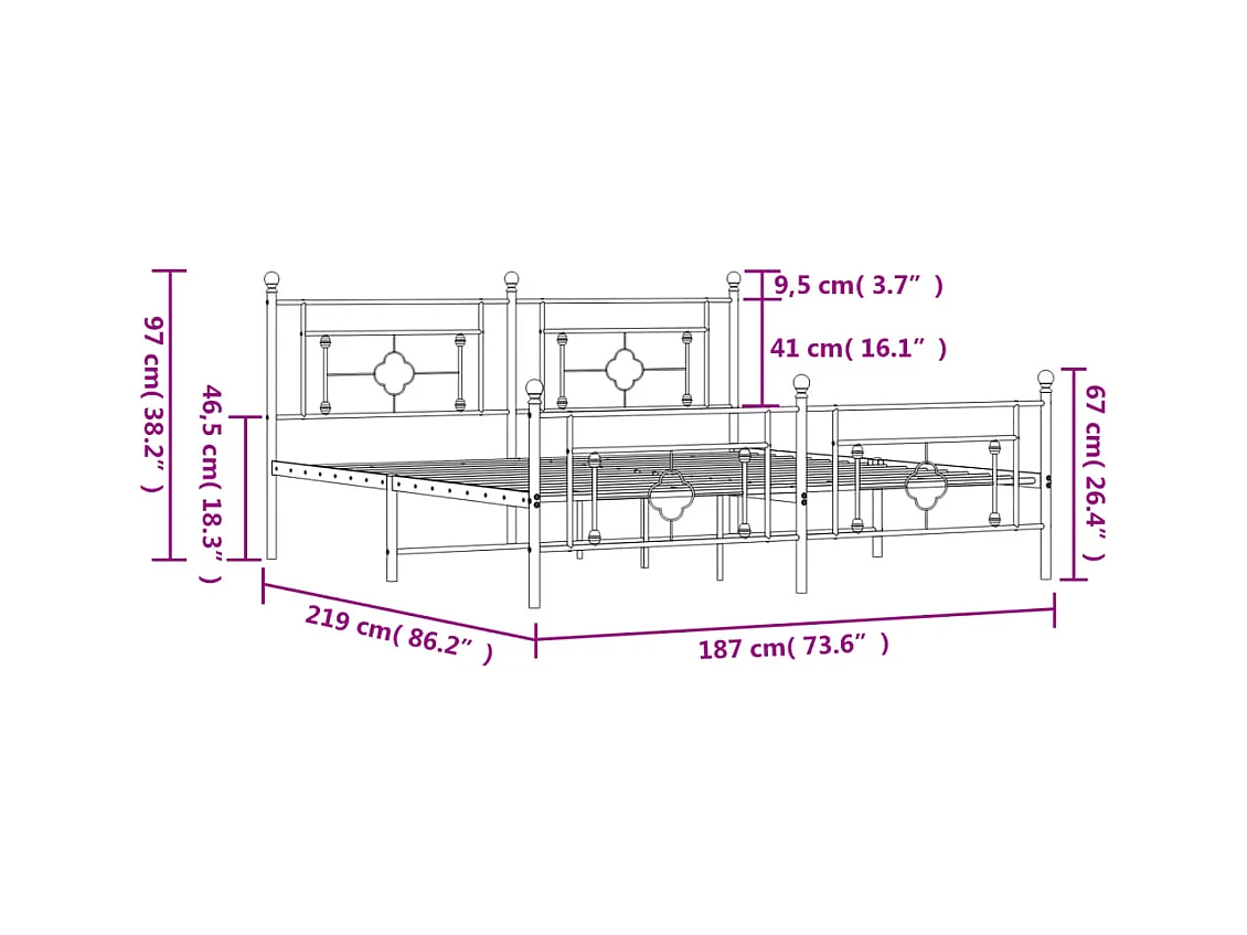 Cadre de lit métal sans matelas avec pied de lit noir 183x213cm