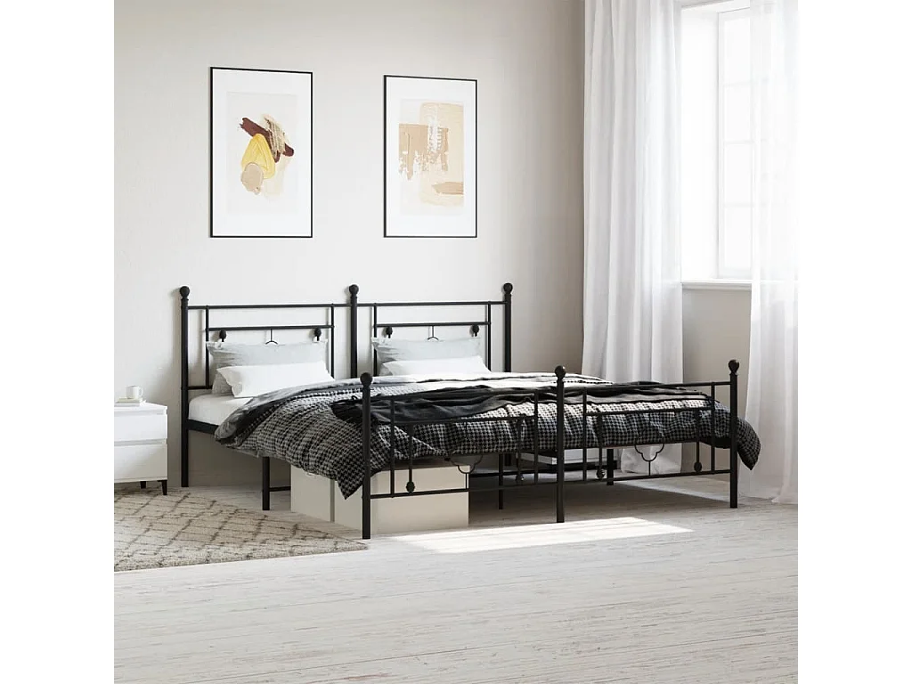 Cadre de lit métal sans matelas avec pied de lit noir 183x213cm