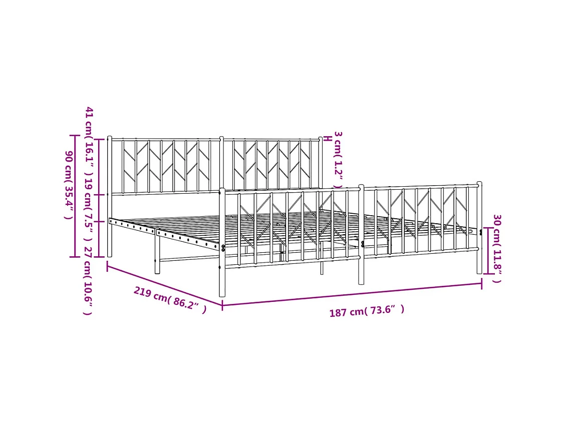 Cadre de lit métal sans matelas et pied de lit blanc 183x213 cm