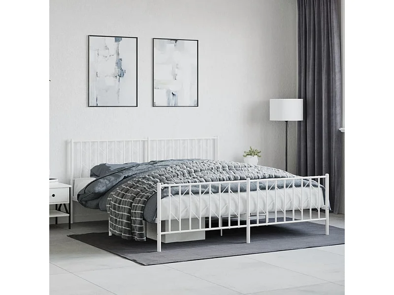 Cadre de lit métal sans matelas et pied de lit blanc 183x213 cm