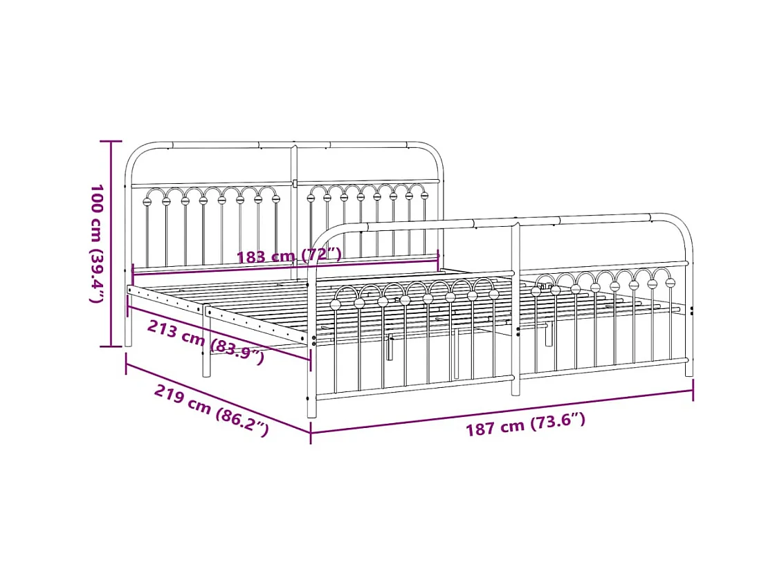 Cadre de lit métal sans matelas avec pied de lit noir 183x213cm