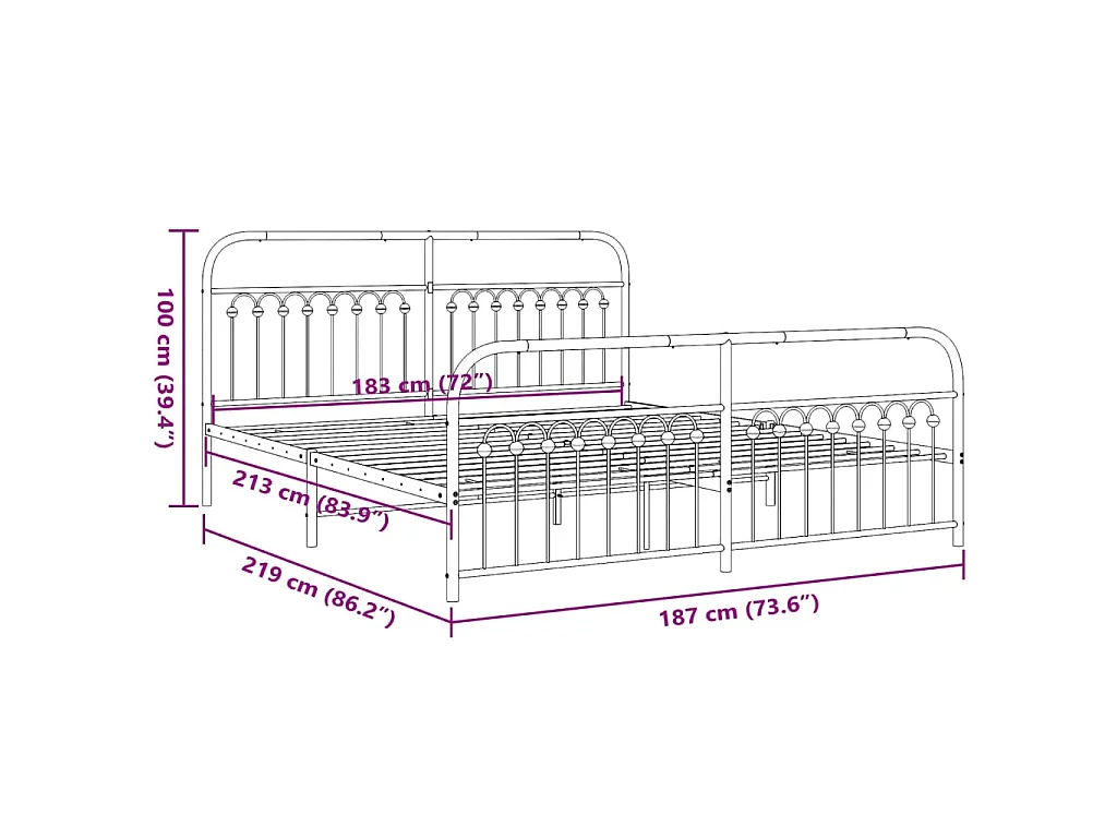 Bedframe met hoofd- en voeteneinde metaal zwart 183x213 cm