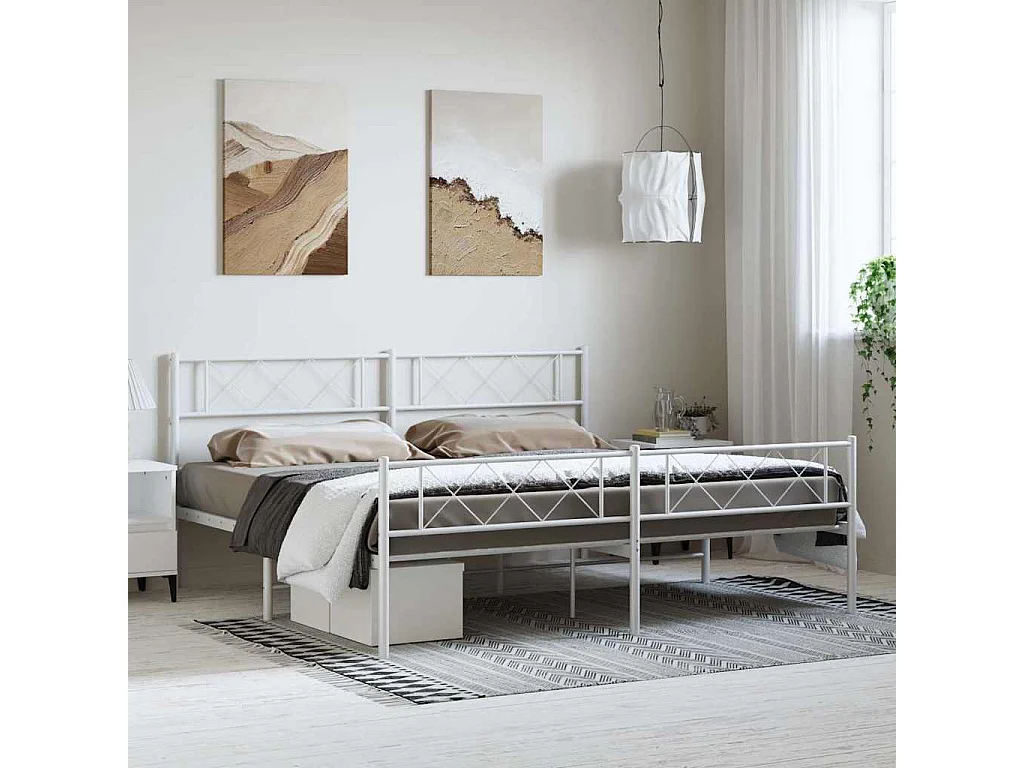 Cadre de lit métal sans matelas et pied de lit blanc 183x213 cm