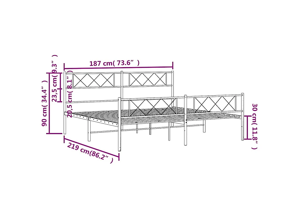 Cadre de lit métal sans matelas et pied de lit blanc 183x213 cm