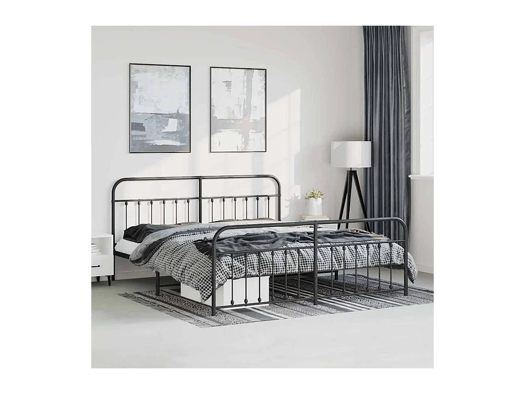 Cadre de lit métal sans matelas avec pied de lit noir 183x213cm