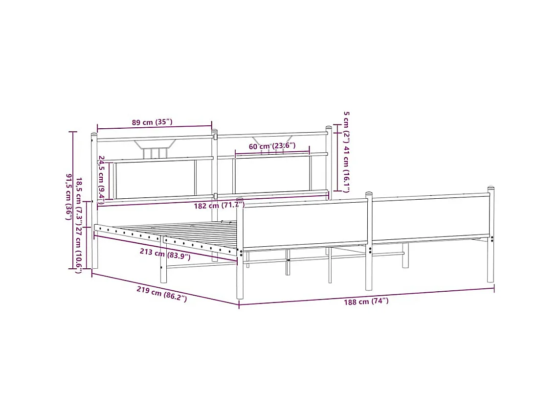 Cadre de lit en métal sans matelas chêne fumé 183x213 cm