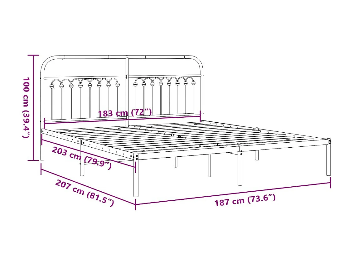 Cadre de lit métal sans matelas avec tête de lit noir 183x203cm