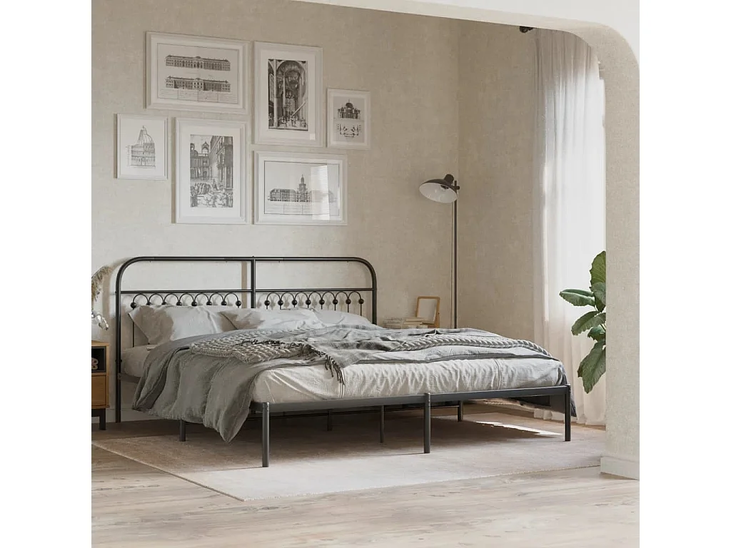 Cadre de lit métal sans matelas avec tête de lit noir 183x203cm