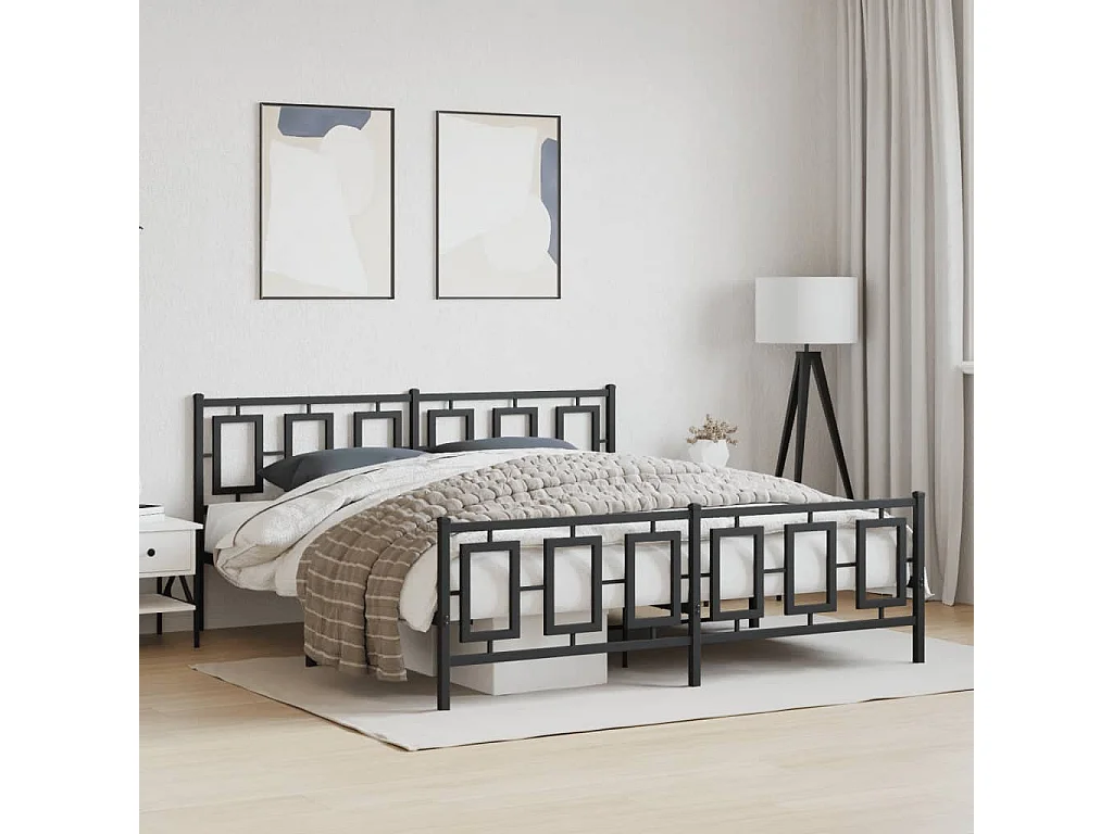 Cadre de lit métal sans matelas avec pied de lit noir 183x213cm