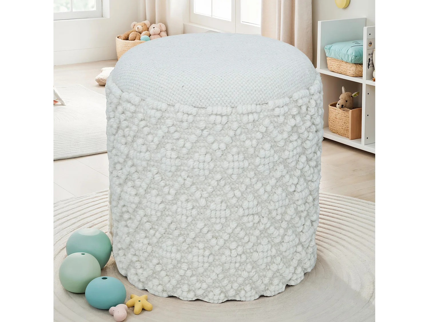 Tabouret Rond en Laine avec Rangement Blanc Assise Amovible Boho 45 cm