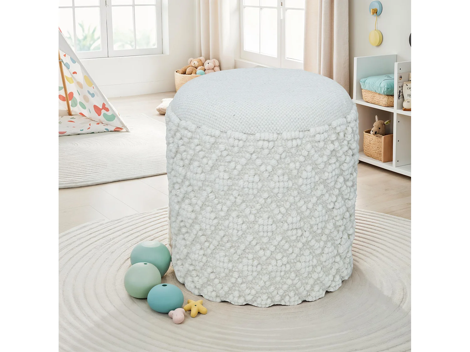 Tabouret Rond en Laine avec Rangement Blanc Assise Amovible Boho 45 cm