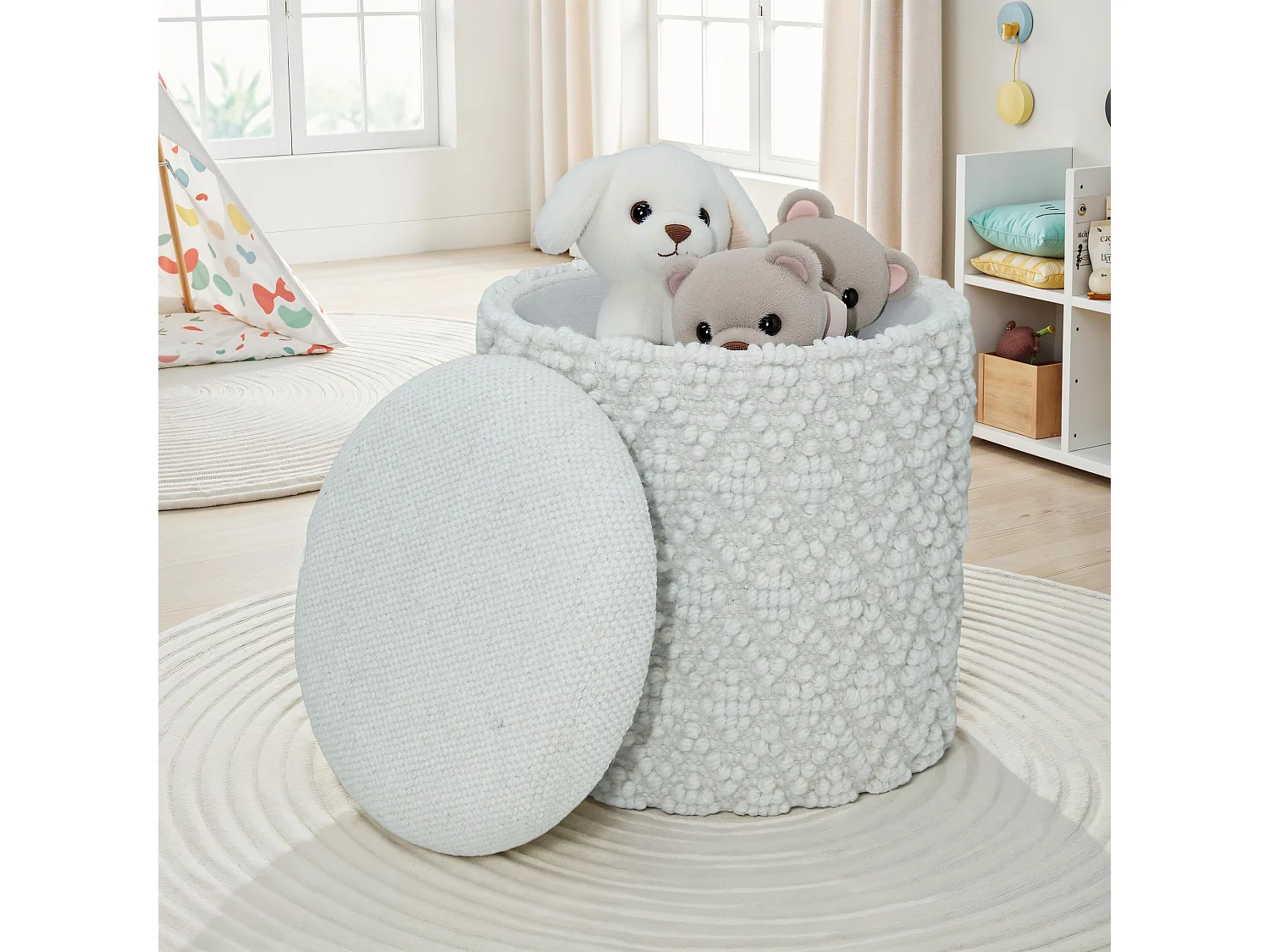 Tabouret Rond en Laine avec Rangement Blanc Assise Amovible Boho 45 cm