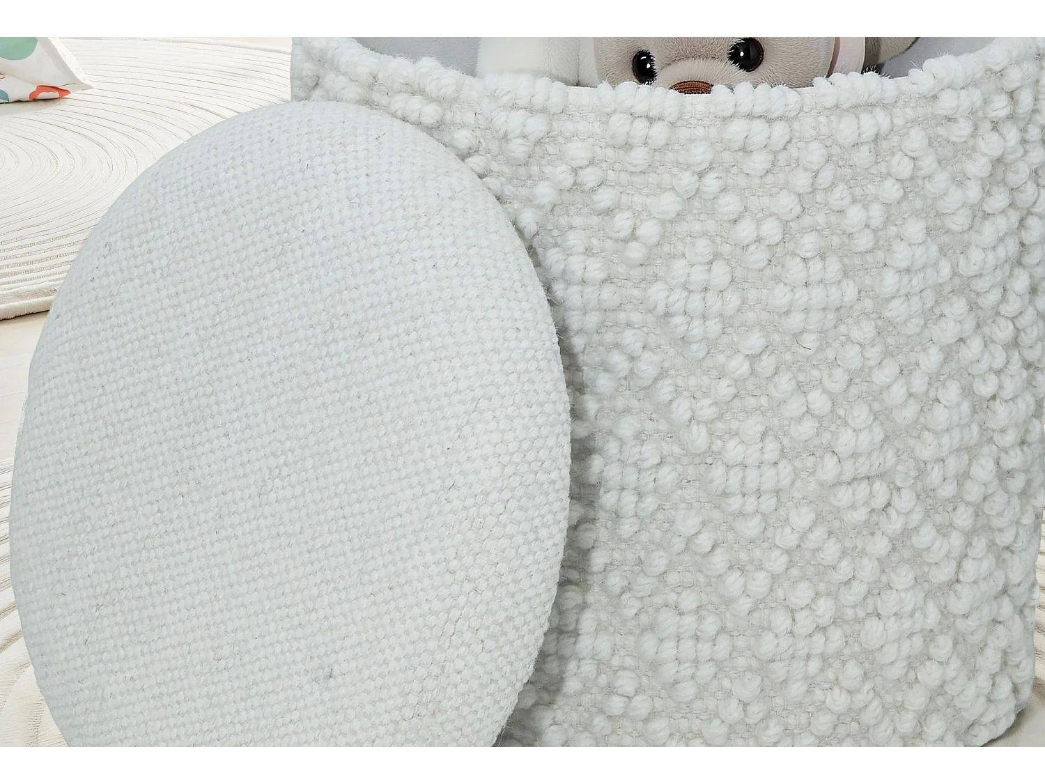 Tabouret Rond en Laine avec Rangement Blanc Assise Amovible Boho 45 cm