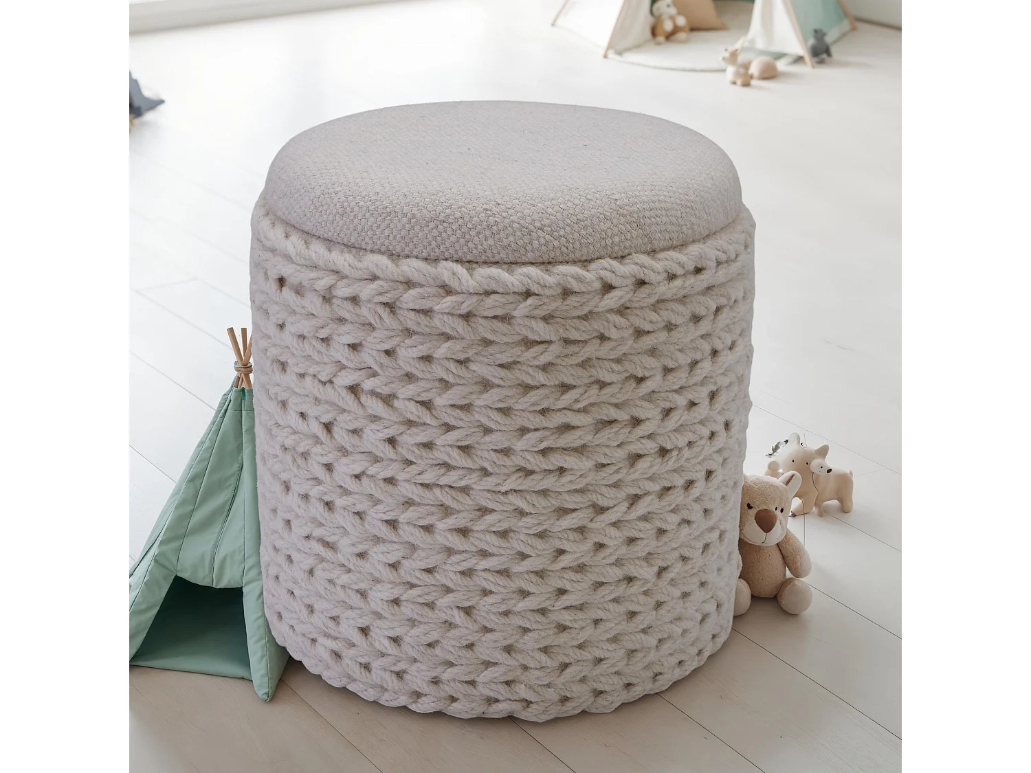 Tabouret  Tabouret avec espace de rangement Laine rond 40x40x45 cm Crème Blanc Boho