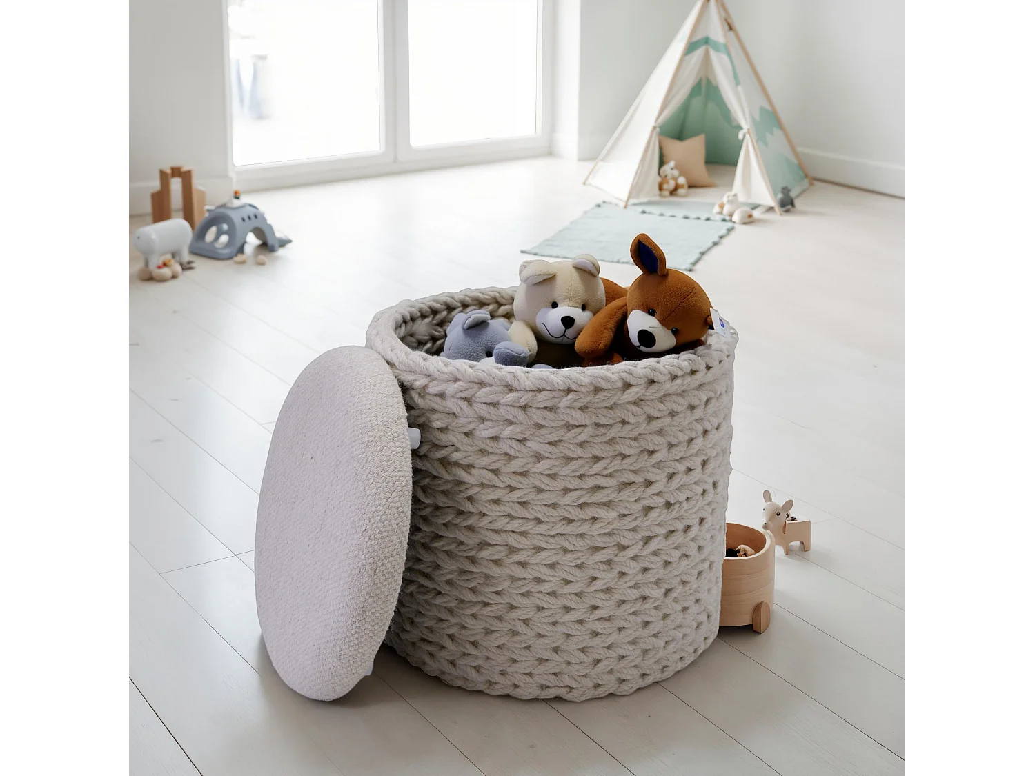 Tabouret  Tabouret avec espace de rangement Laine rond 40x40x45 cm Crème Blanc Boho