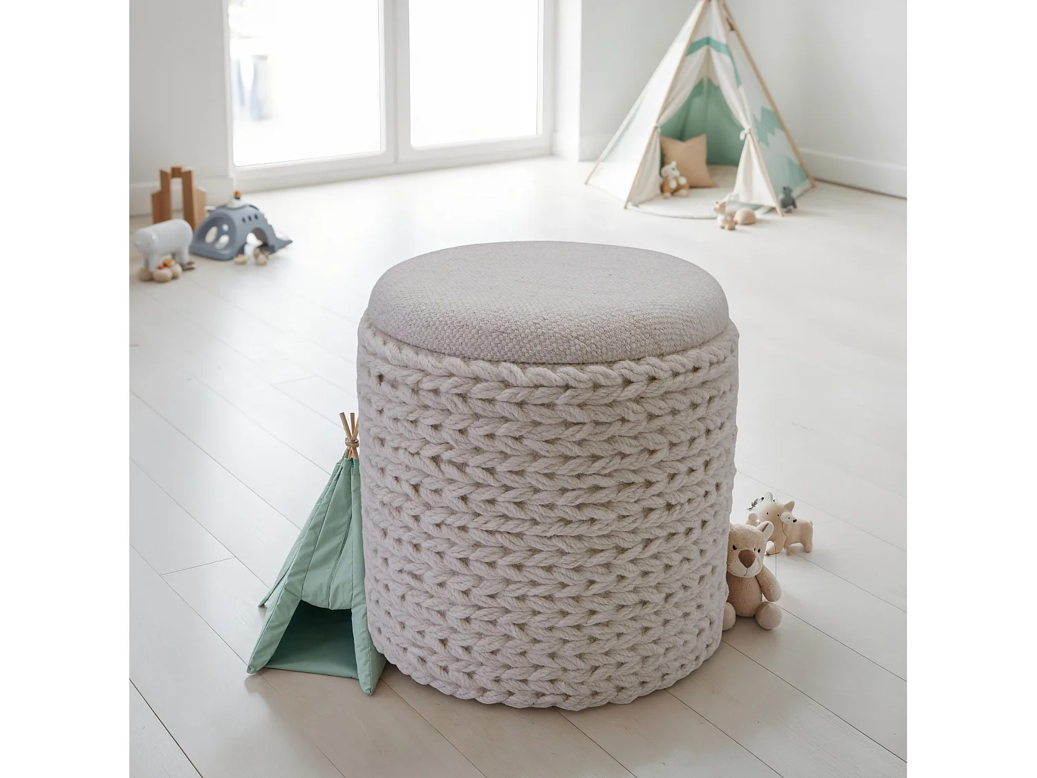 Tabouret  Tabouret avec espace de rangement Laine rond 40x40x45 cm Crème Blanc Boho