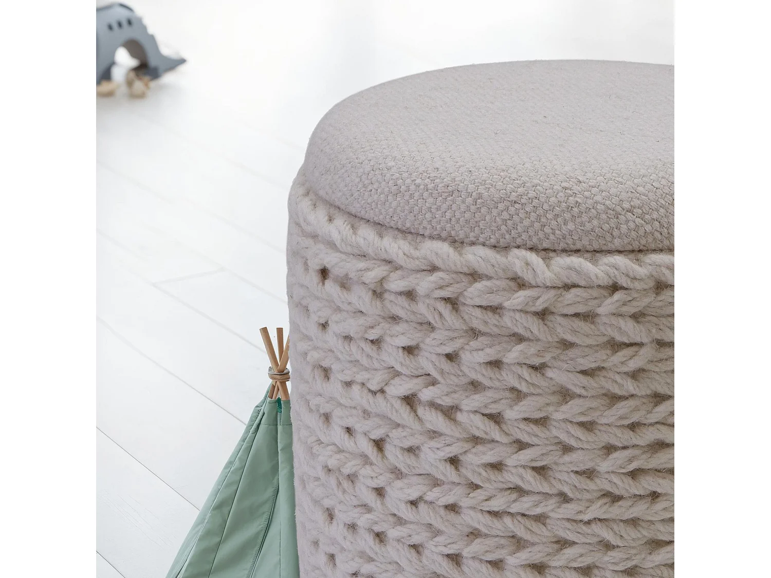 Tabouret  Tabouret avec espace de rangement Laine rond 40x40x45 cm Crème Blanc Boho