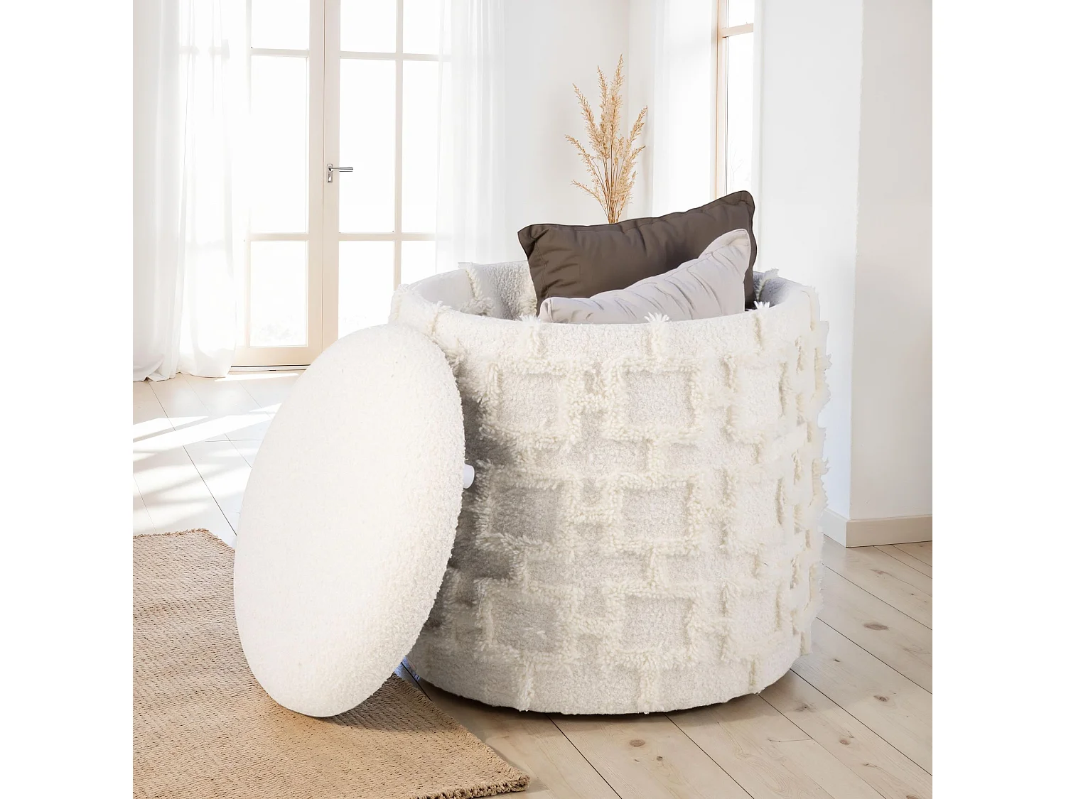 Tabouret Rond Crème avec Rangement Tissu Doux Salon Chambre Entrée