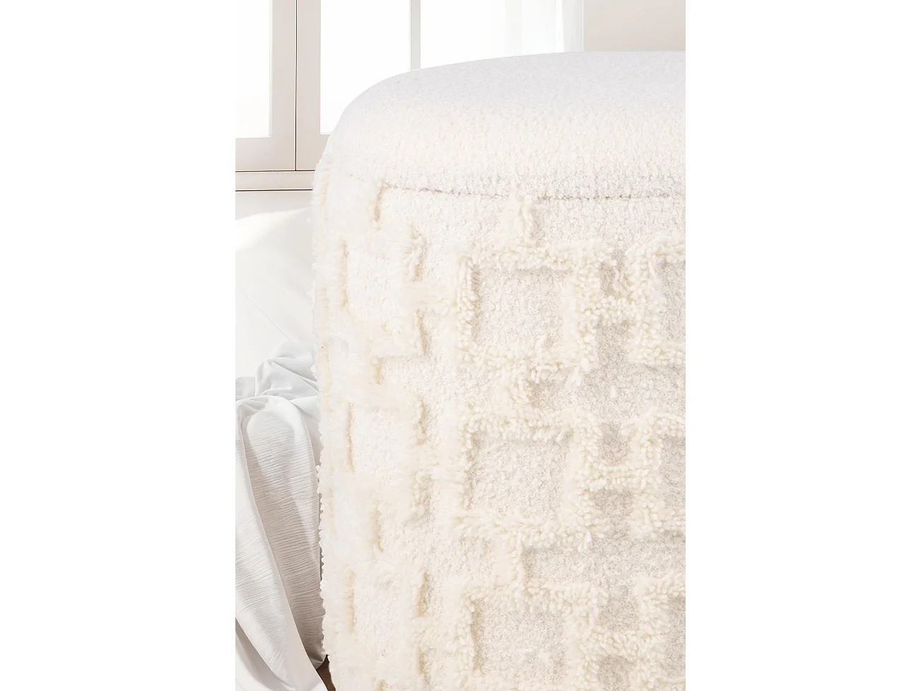 Tabouret Rond Crème avec Rangement Tissu Doux Salon Chambre Entrée