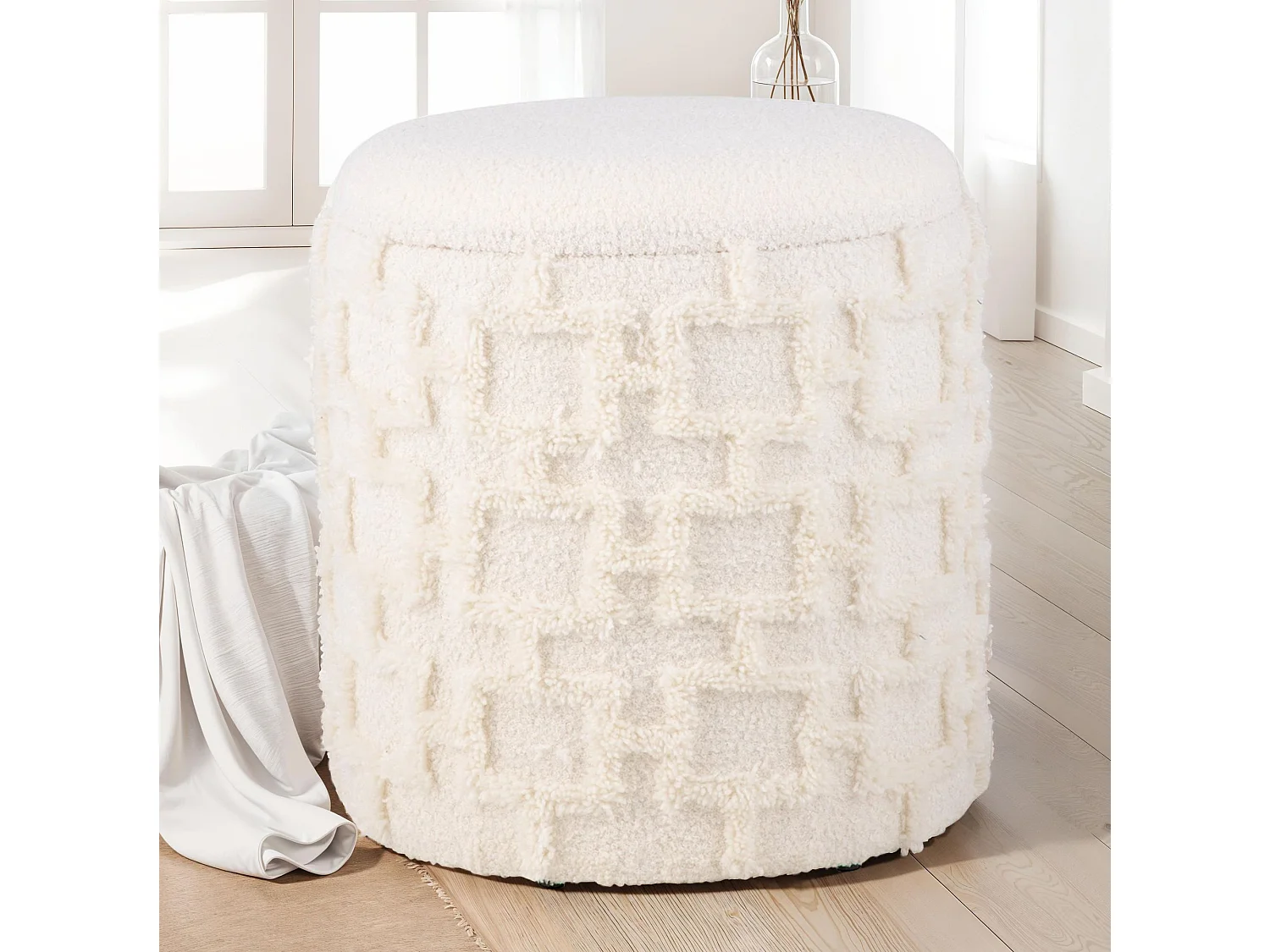 Tabouret Rond Crème avec Rangement Tissu Doux Salon Chambre Entrée