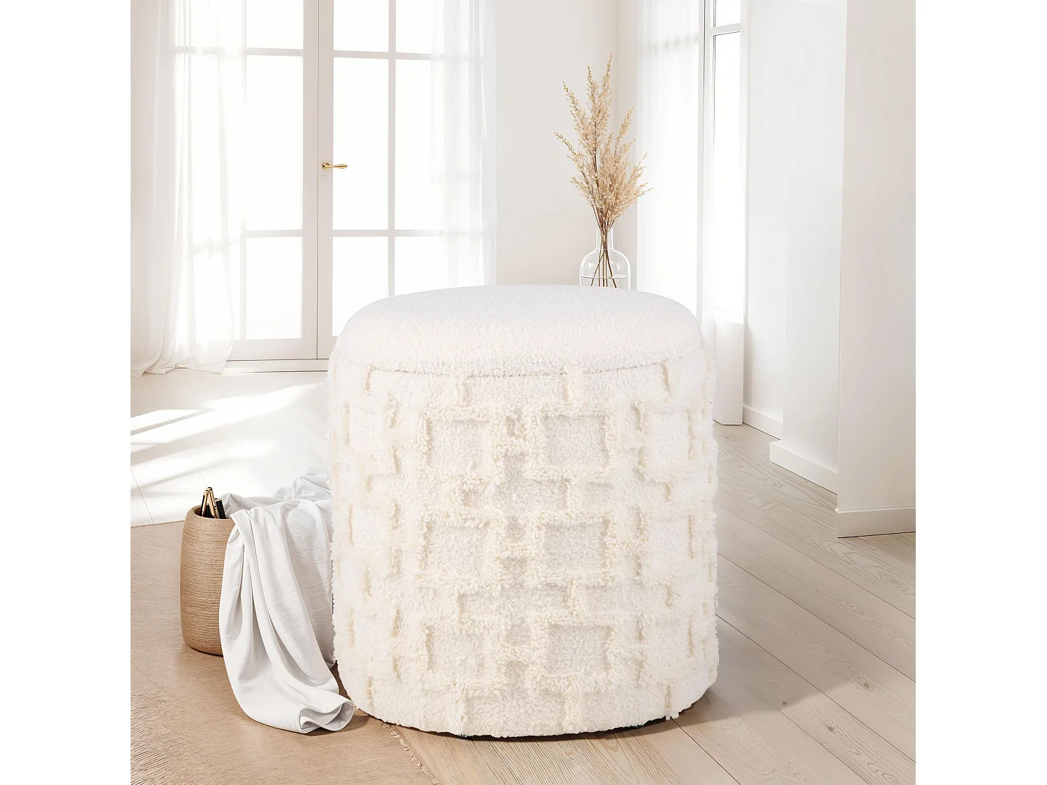 Tabouret Rond Crème avec Rangement Tissu Doux Salon Chambre Entrée