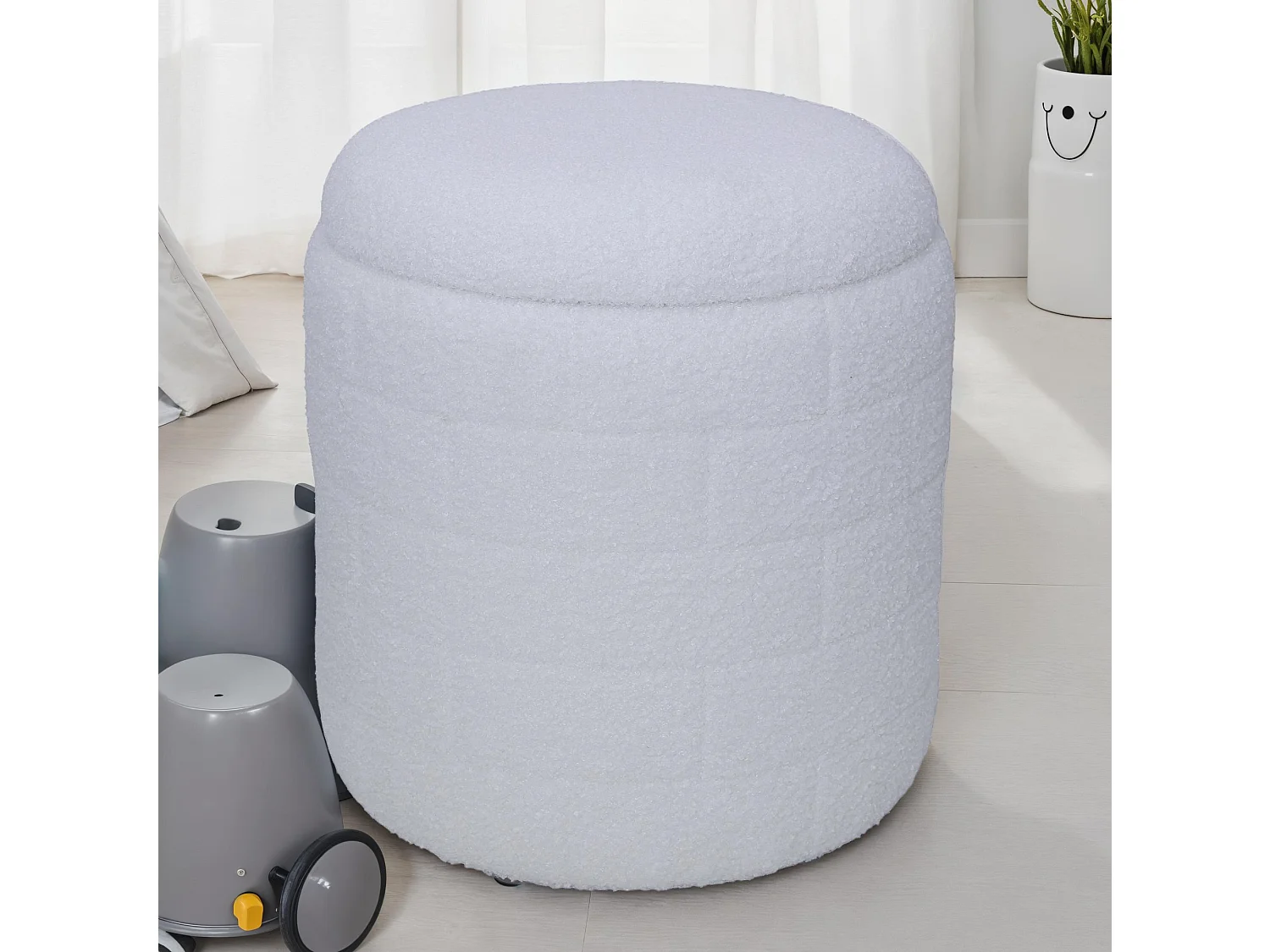 Tabouret Coffre Blanc 40x40x45 cm Tissu Rembourré Salon Moderne Rond