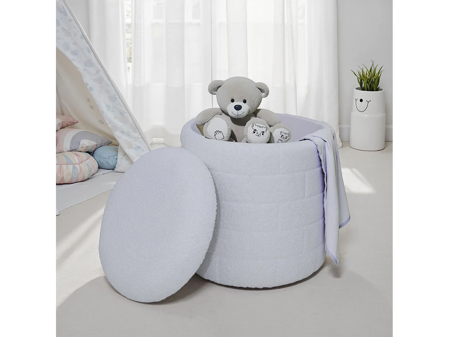 Tabouret Coffre Blanc 40x40x45 cm Tissu Rembourré Salon Moderne Rond