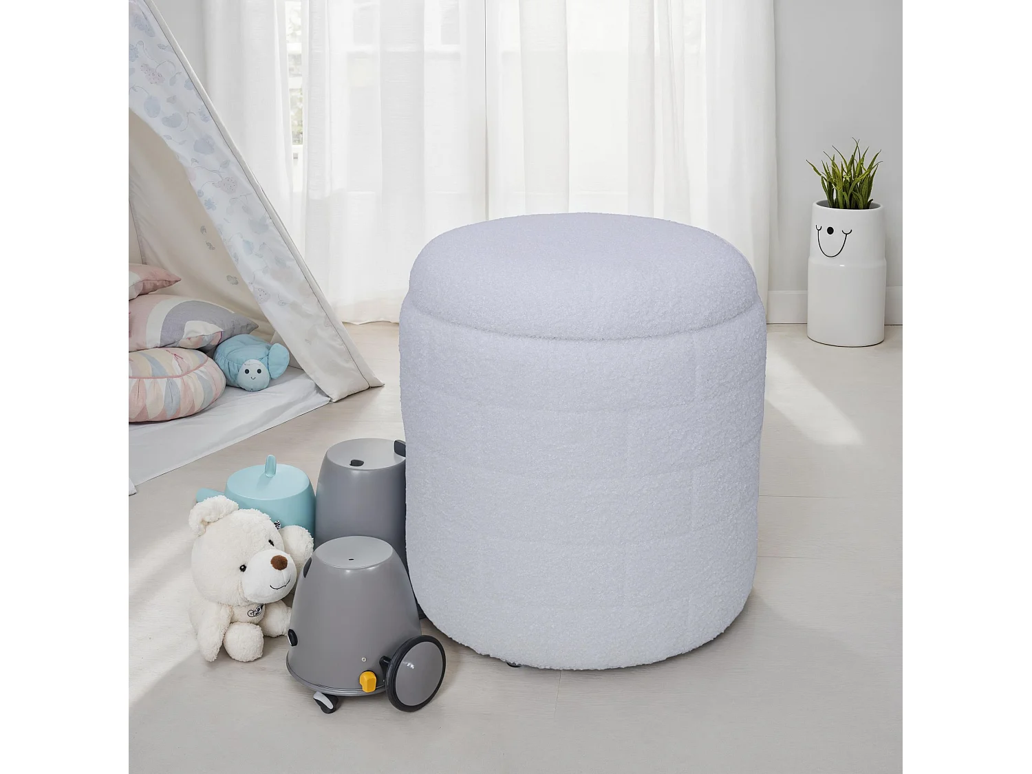 Tabouret Coffre Blanc 40x40x45 cm Tissu Rembourré Salon Moderne Rond