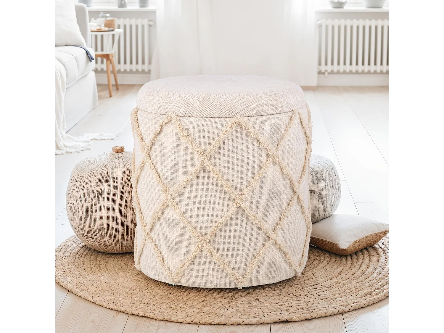 Tabouret Rangement Rond 40x45 cm Coton Crème Style Bohème Déco Salon