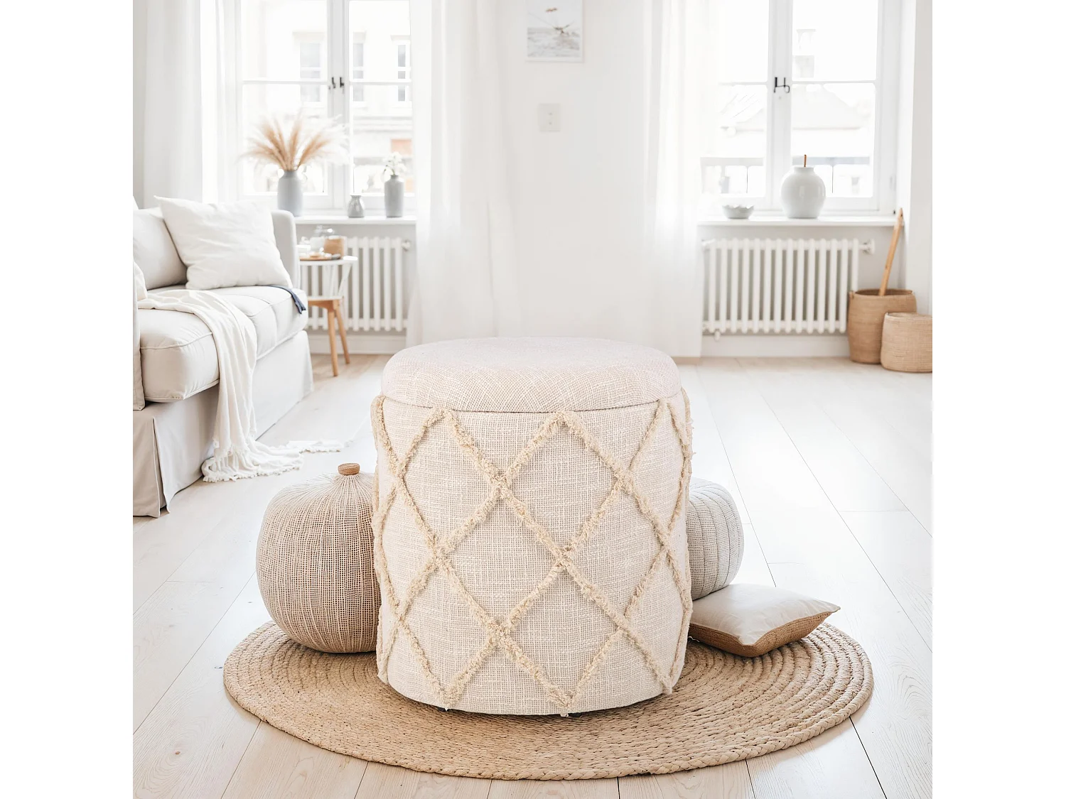 Tabouret Rangement Rond 40x45 cm Coton Crème Style Bohème Déco Salon