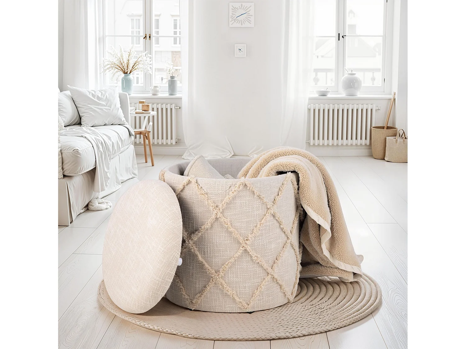 Tabouret Rangement Rond 40x45 cm Coton Crème Style Bohème Déco Salon