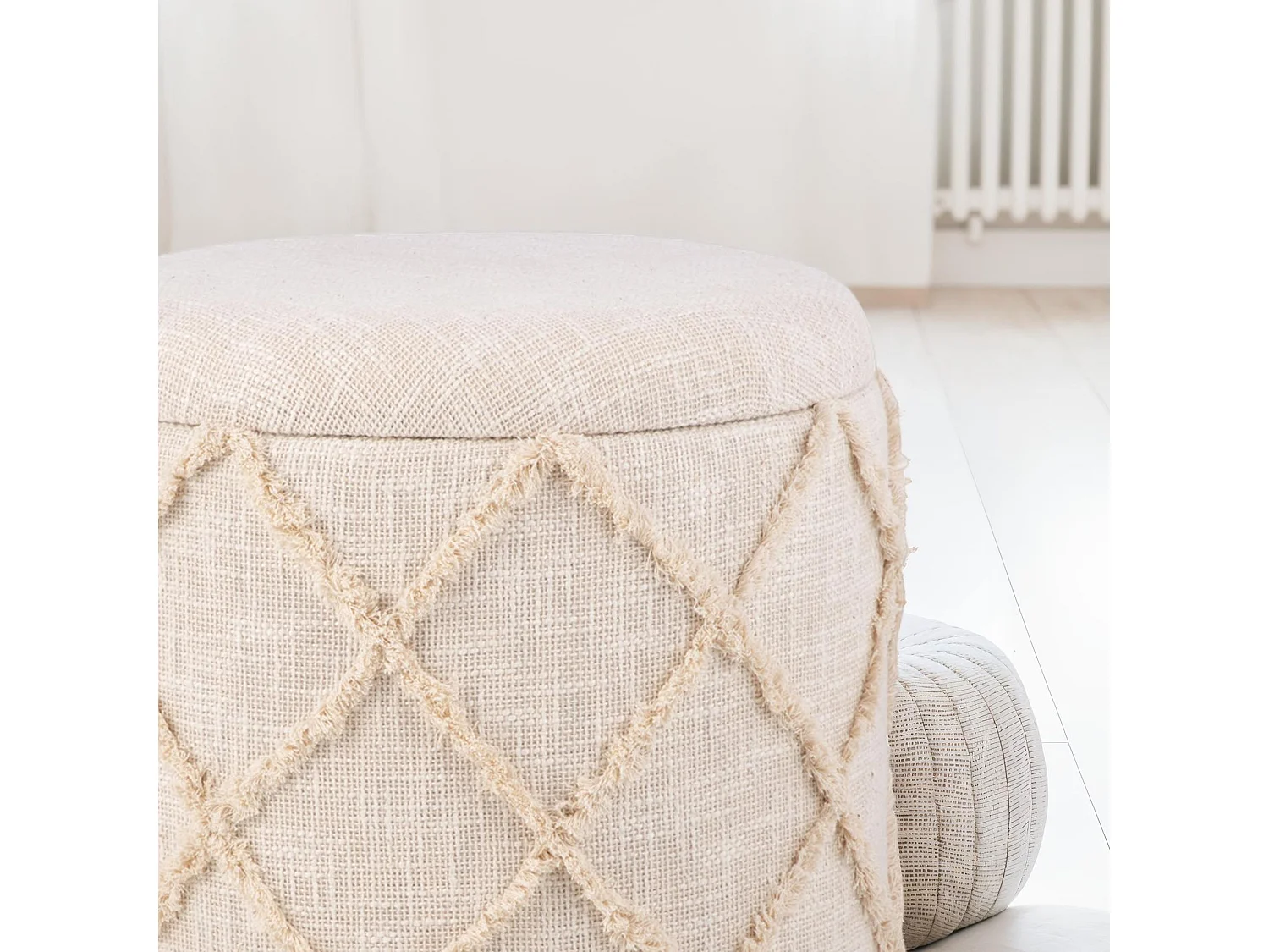 Tabouret Rangement Rond 40x45 cm Coton Crème Style Bohème Déco Salon