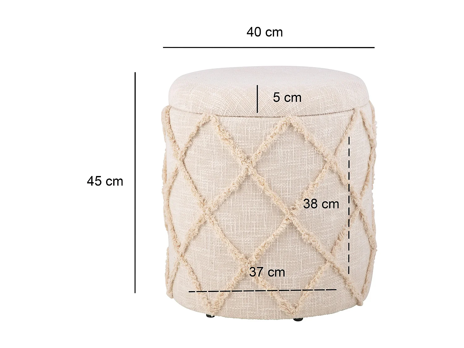 Tabouret Rangement Rond 40x45 cm Coton Crème Style Bohème Déco Salon